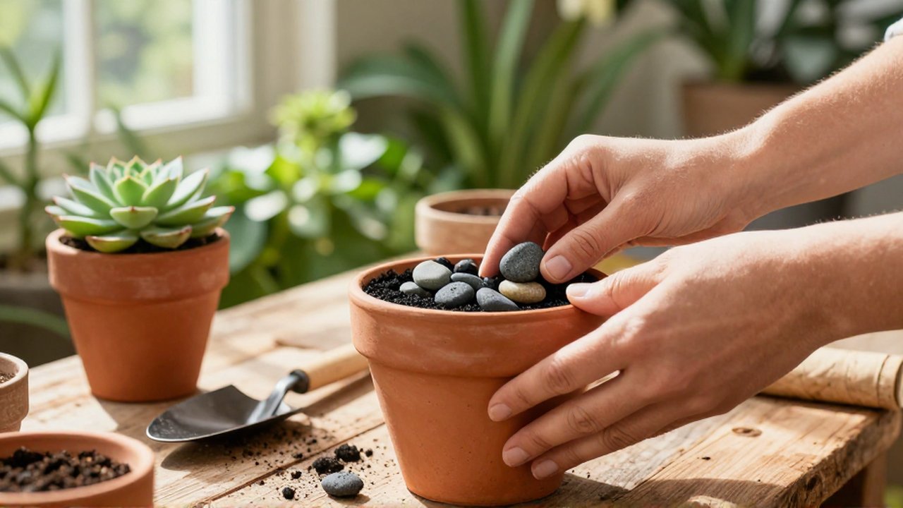 Manos colocando piedras y carbón en la base de una maceta de terracota sobre un banco de madera.