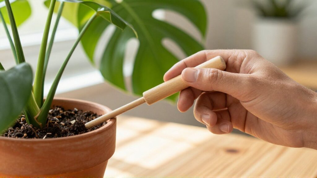 Una mano utiliza un medidor de humedad de madera en la tierra de una planta Monstera.