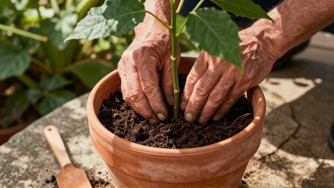 Manos de un jardinero inspeccionan la tierra húmeda de una planta en una maceta de terracota.