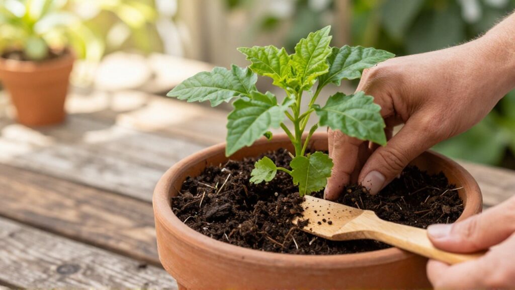 Una mano inspecciona la tierra de una planta verde sobre una mesa de madera soleada.