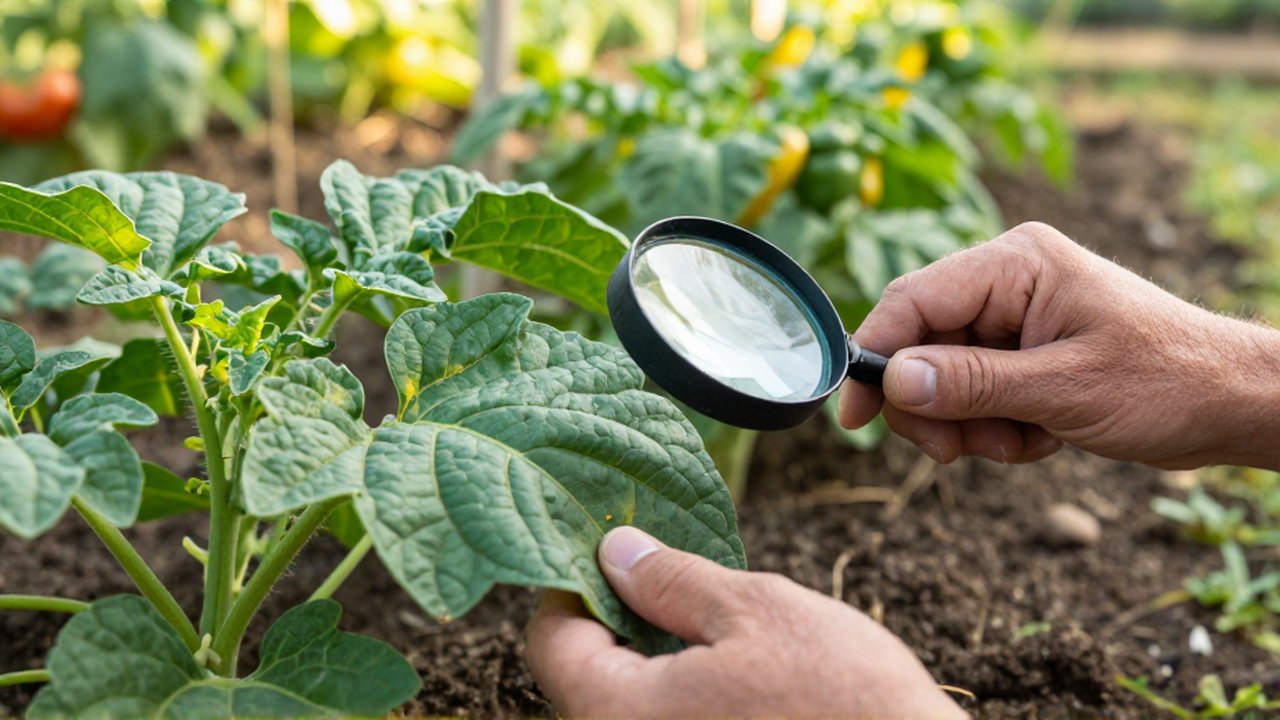 Manos de un jardinero inspeccionan el envés de una hoja verde con una lupa en un huerto.
