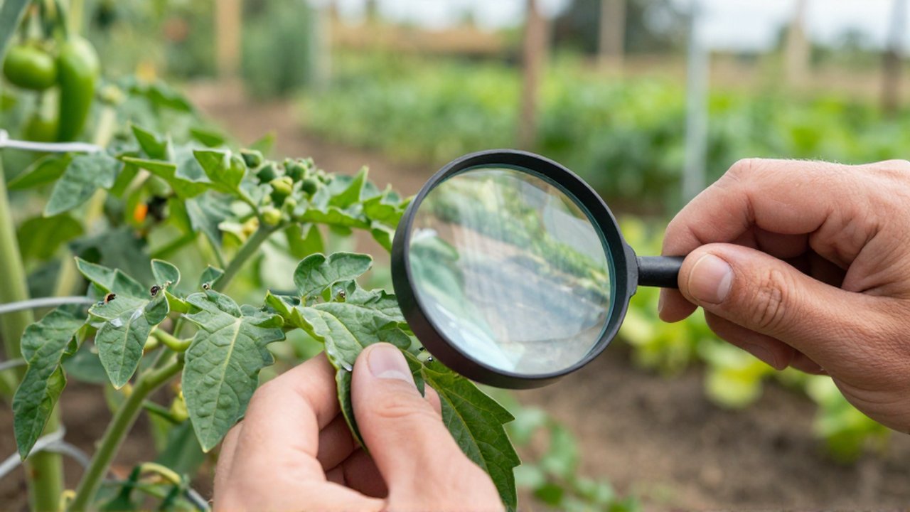 Un jardinero inspecciona con una lupa el envés de una hoja verde en un huerto iluminado.