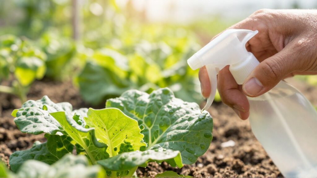 Una mano aplica un tratamiento orgánico con un pulverizador sobre el envés de una hoja verde.
