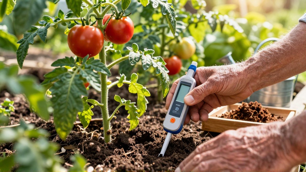 Manos de un jardinero miden el pH de la tierra húmeda junto a una planta de tomate.