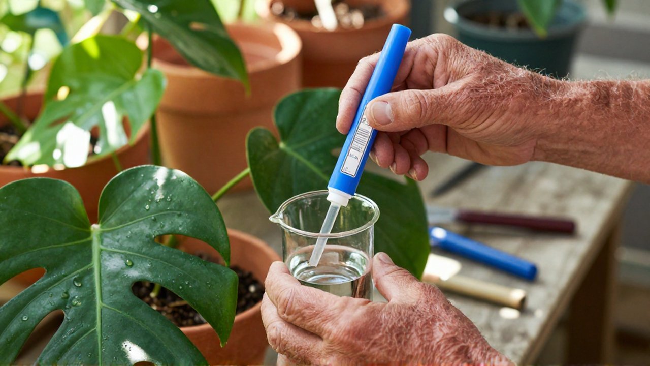 Unas manos de jardinero miden el pH del agua frente a una planta Monstera en un jardín.