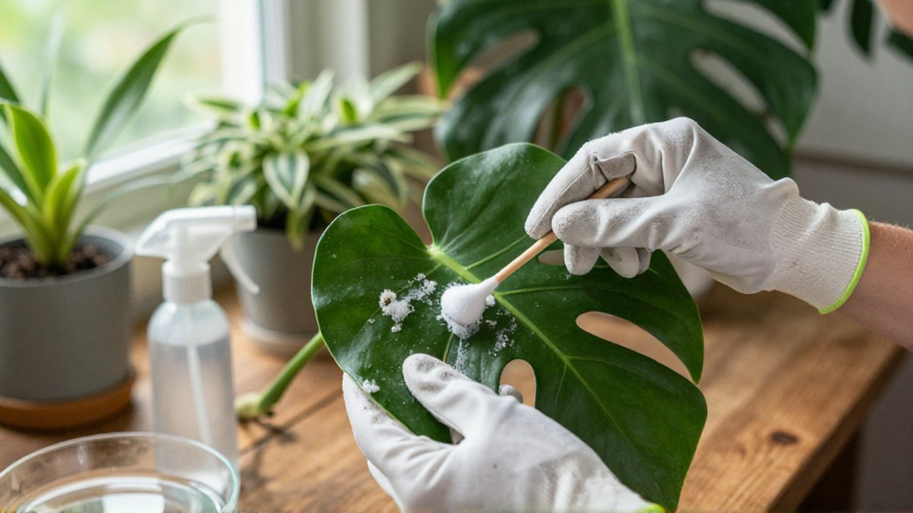 Manos con guantes limpian con un bastoncillo una hoja de Monstera para eliminar cochinillas.