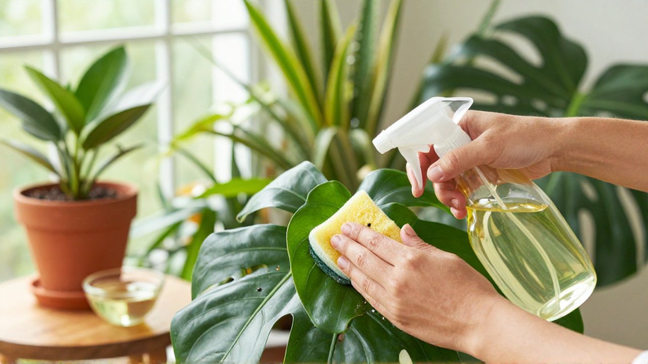 Manos de jardinero limpian el envés de hojas verdes con una esponja y solución de neem.