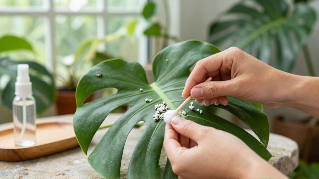 Unas manos limpian con un bastoncillo unos insectos blancos en el envés de una hoja de Monstera.