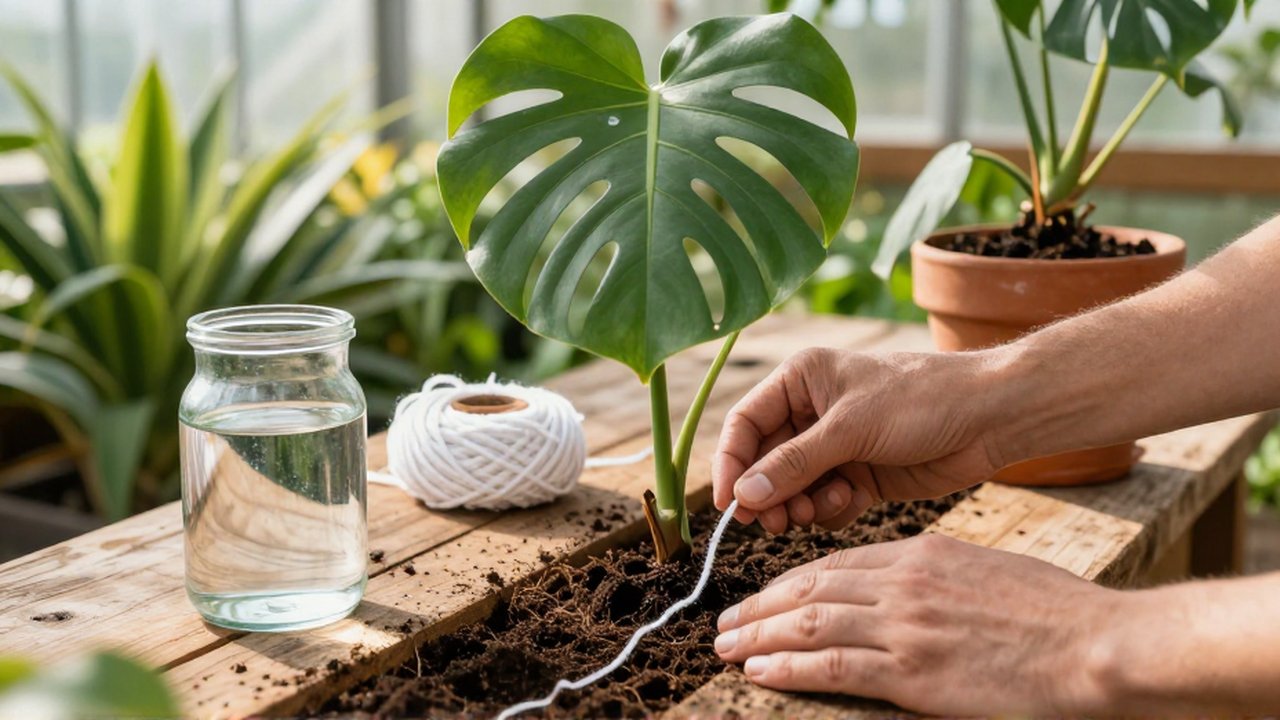 Manos de jardinero instalando una mecha de algodón en la tierra de una Monstera para riego por capilaridad.