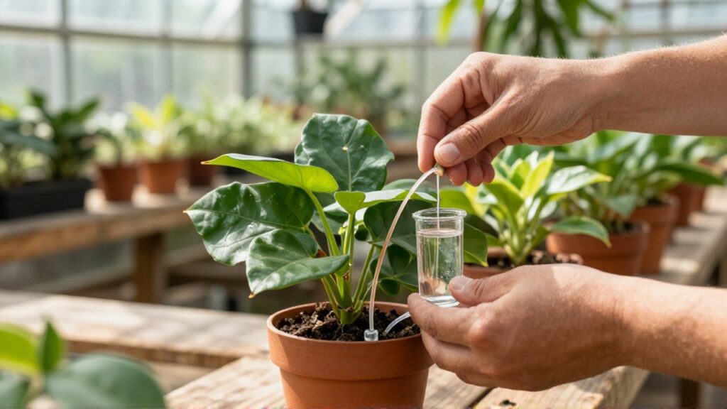 Manos instalando mechas de algodón para un sistema de riego por capilaridad en una planta.