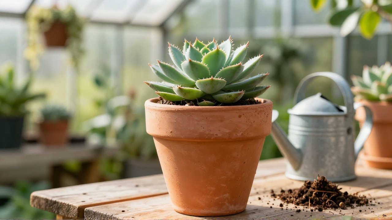 Una suculenta echeveria en una maceta de terracota sobre un banco de madera en un invernadero iluminado.
