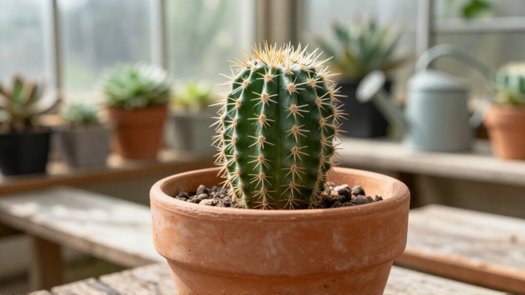 Primer plano de un cactus verde en una maceta de terracota sobre un banco de madera.