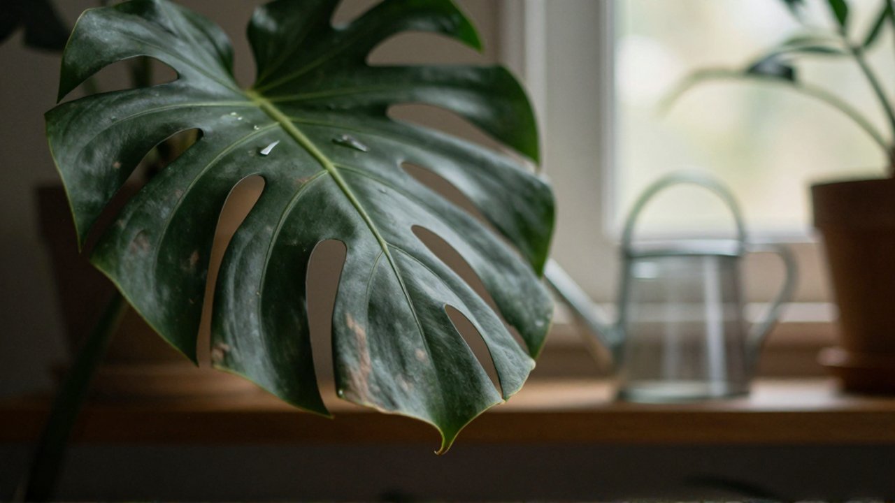 Primer plano de una hoja de Monstera deliciosa marchita y caída en un entorno de jardín interior.