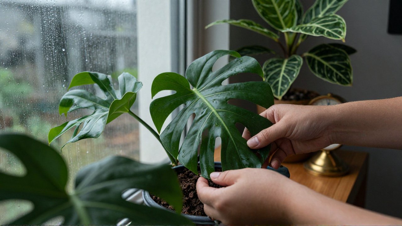 Manos revisando la humedad de plantas de interior junto a una ventana con lluvia.