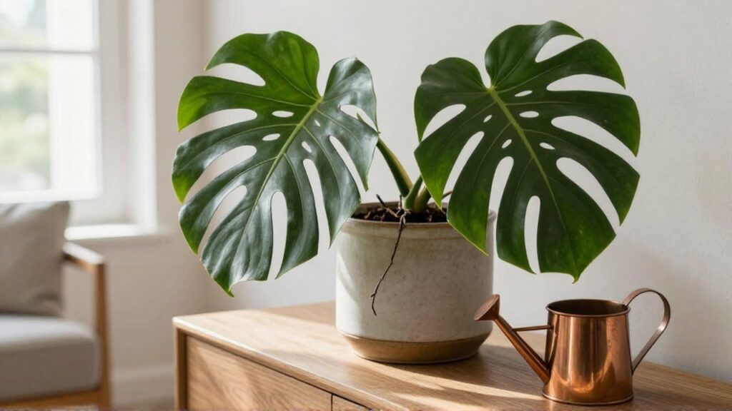 Planta Monstera deliciosa marchita en una maceta de cerámica sobre un mueble de madera.