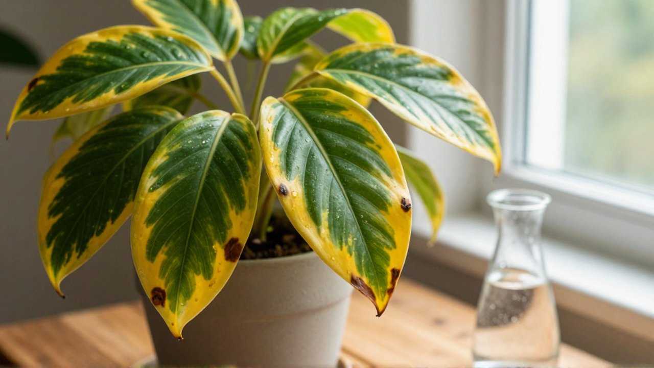 Primer plano de una planta de interior con bordes de hojas amarillentos y zonas necróticas.