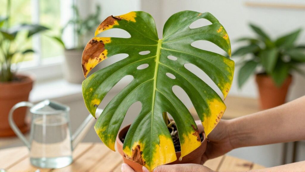Manos sostienen una Monstera deliciosa con bordes amarillentos y puntas secas en un jardín iluminado.