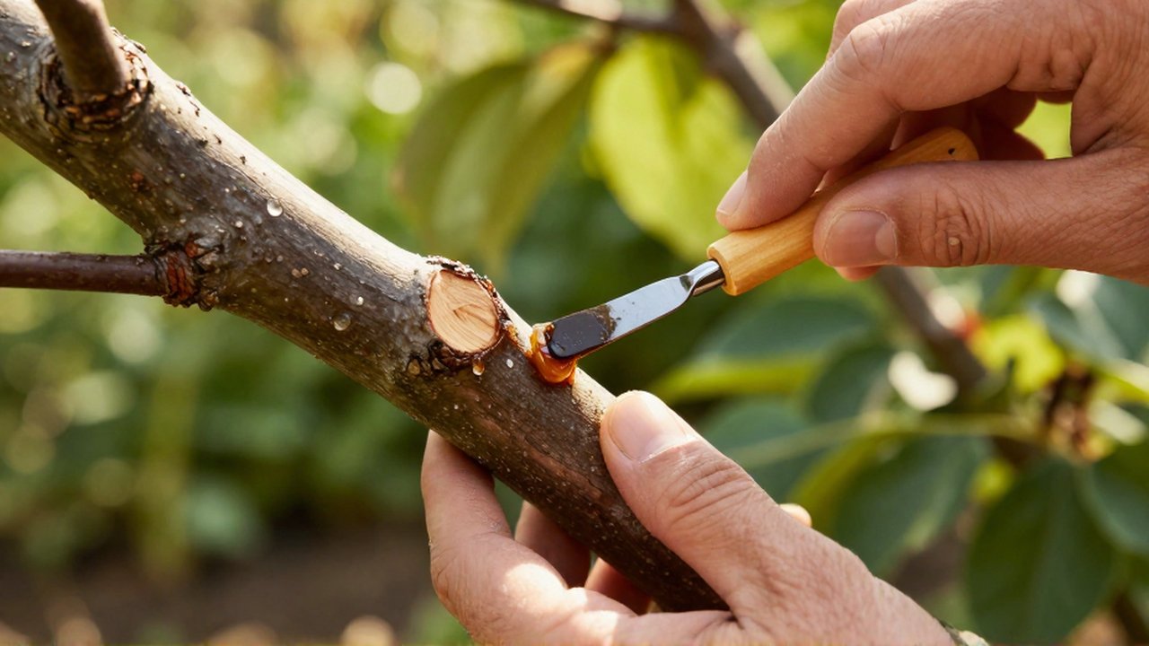 Unas manos aplican cera protectora sobre un corte de poda en una rama de árbol.