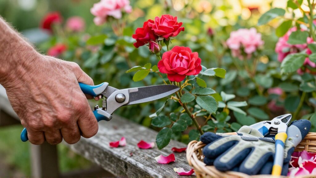Manos de jardinero recortando el tallo de un rosal con tijeras en un jardín soleado.