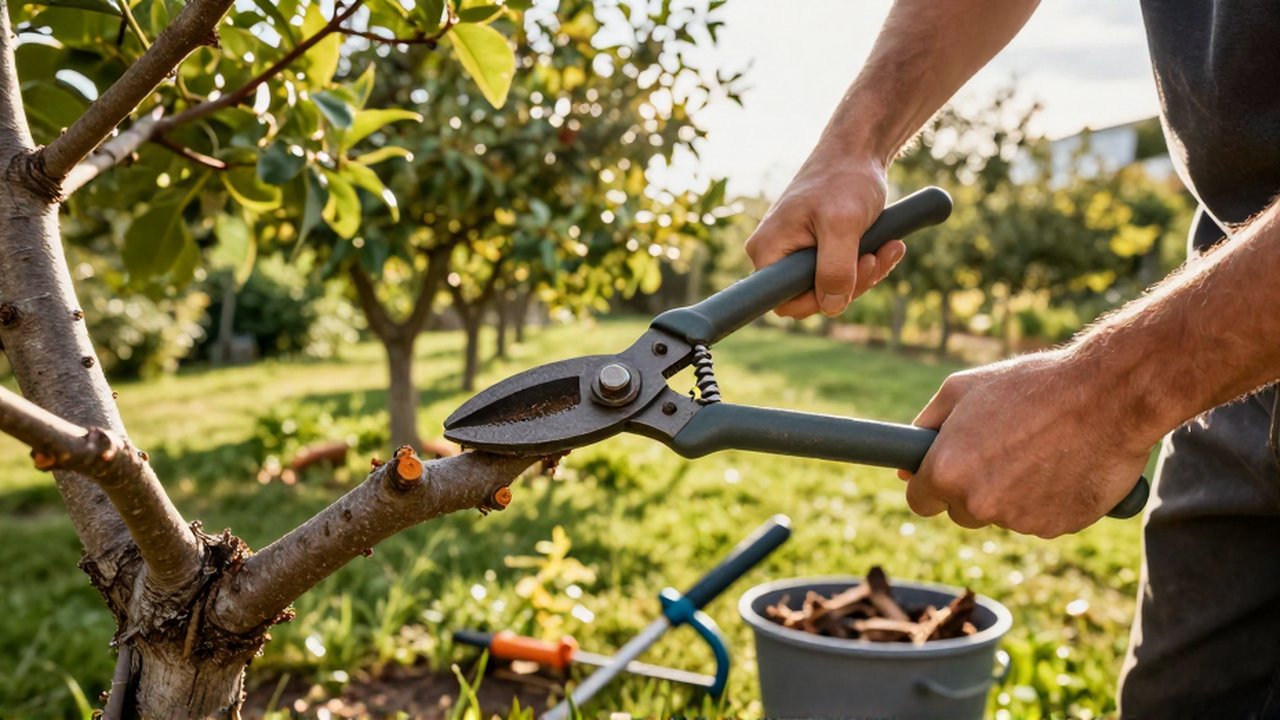 Un jardinero corta una rama gruesa de un árbol con unas tijeras de podar profesionales.