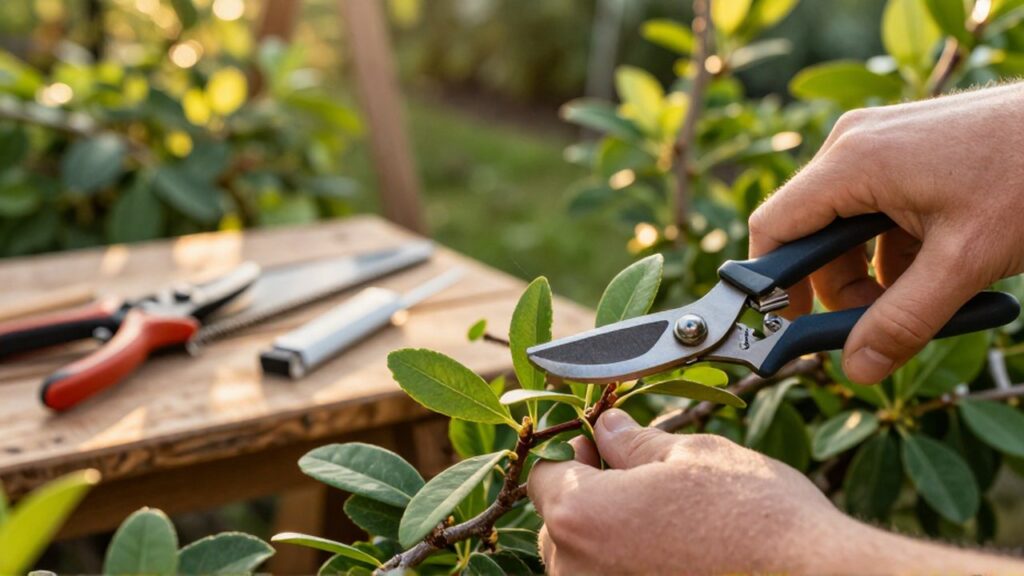 Un jardinero corta una rama de un arbusto verde con tijeras de podar profesionales.