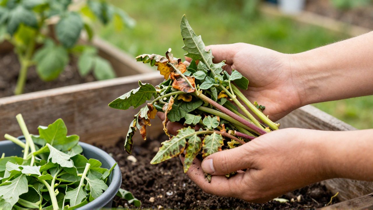 Un jardinero separa hojas de tomate enfermas de restos vegetales sanos en un jardín soleado.