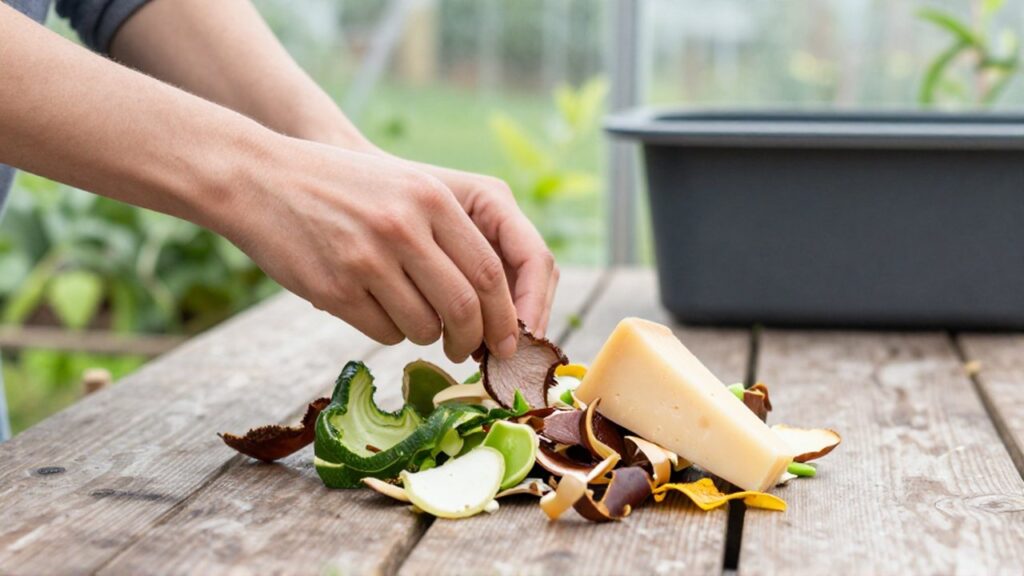 Manos separando restos de carne y queso de desechos vegetales sobre una mesa de madera.