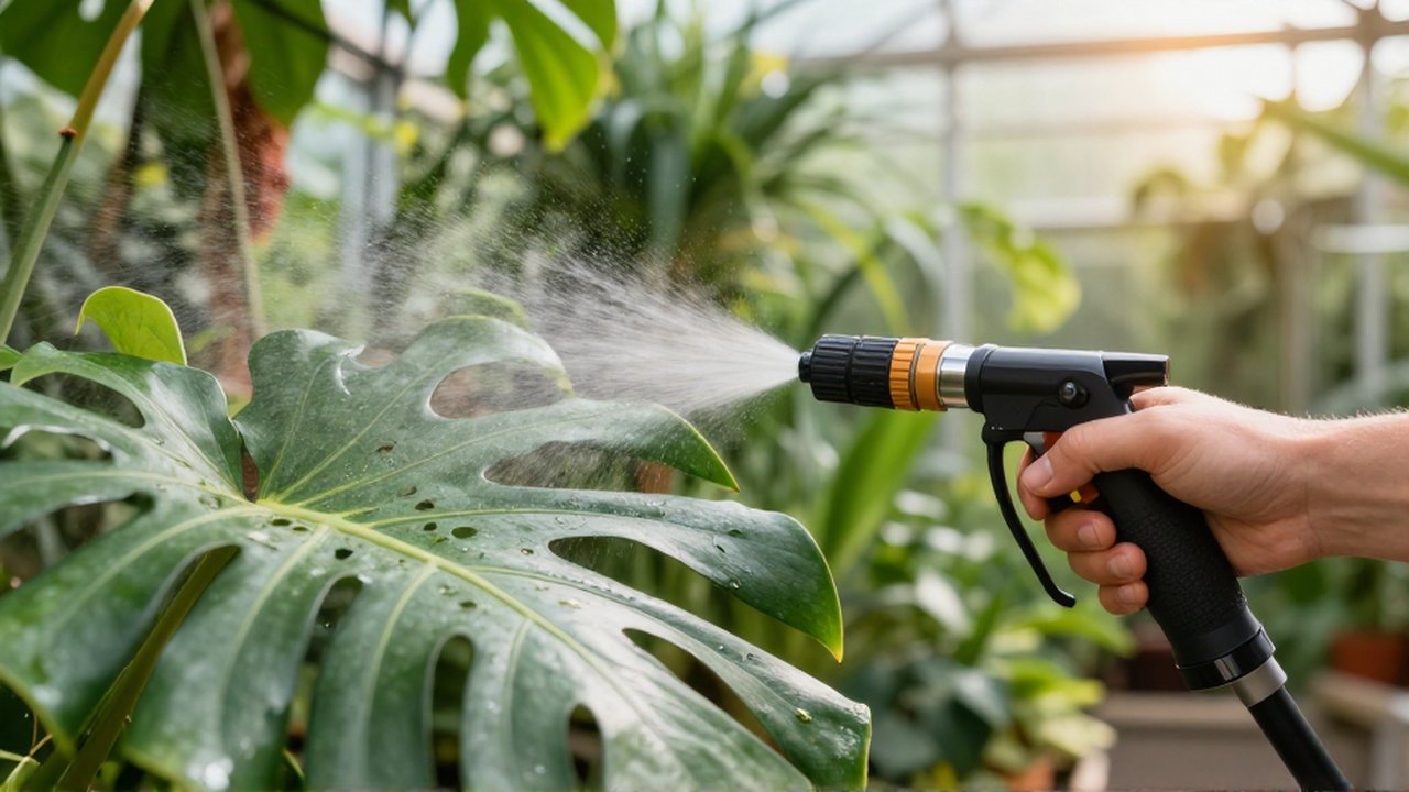 Una mano aplica una fina bruma con un pulverizador a las hojas de una monstera en un invernadero luminoso.
