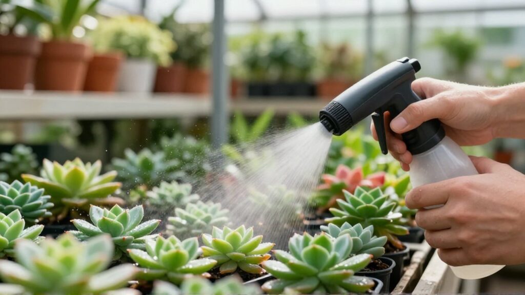 Manos rociando con un pulverizador fino pequeñas suculentas en un vivero luminoso.