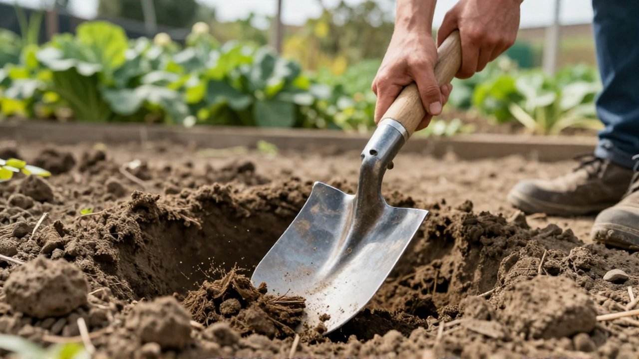 Manos de un jardinero clavando una pala de acero en tierra seca y compacta.