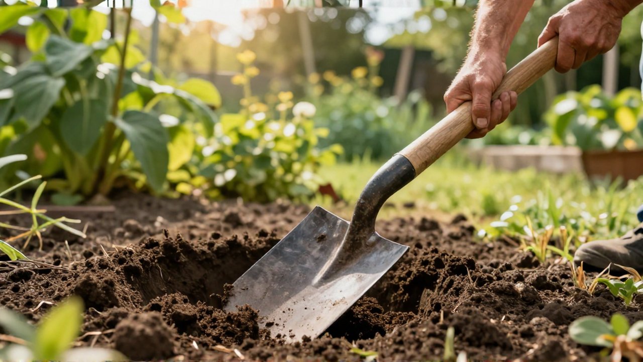 Manos de jardinero cavan un hoyo profundo en tierra oscura con una pala de metal.