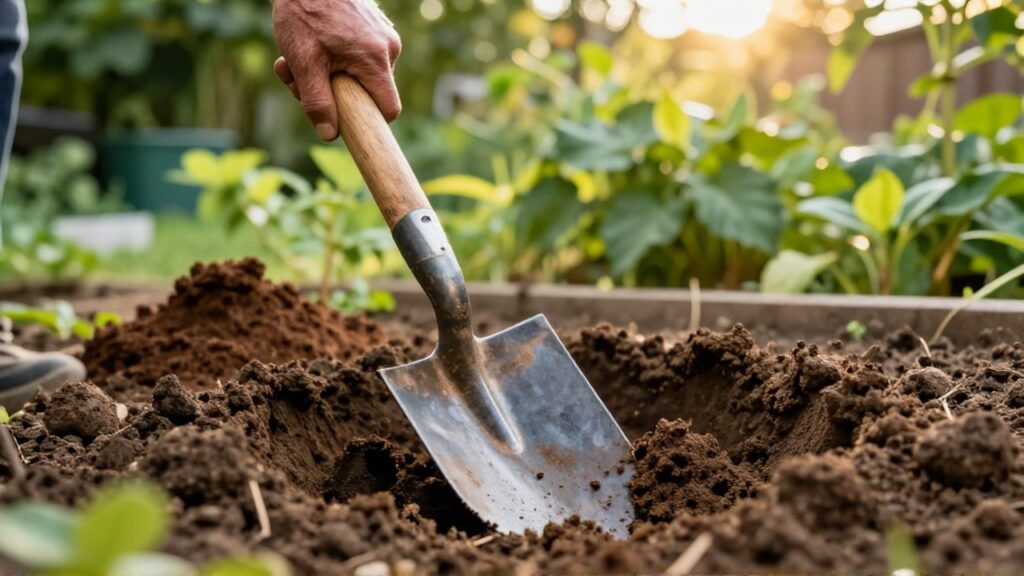 Manos de un jardinero hincando una pala de acero en tierra húmeda de un jardín soleado.