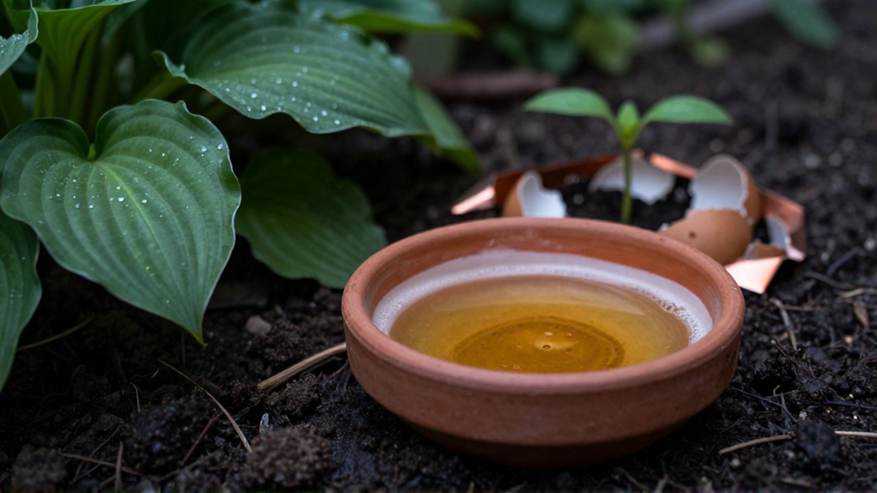 Platillo de terracota con cerveza sobre tierra húmeda junto a hojas verdes en un jardín nocturno.