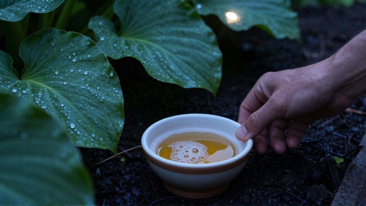 Una mano coloca un pequeño plato con cerveza en un jardín nocturno para atraer caracoles.