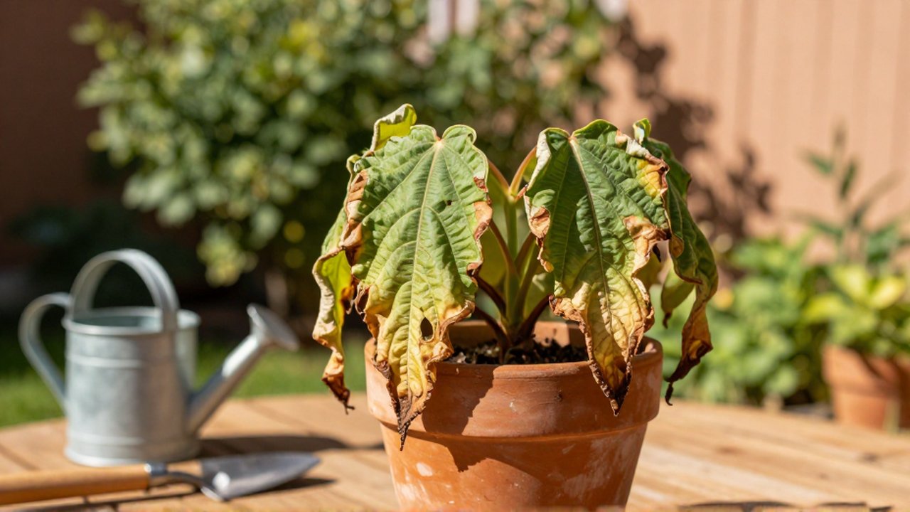 Planta de interior marchita con hojas secas y caídas sobre una mesa de jardín soleada.