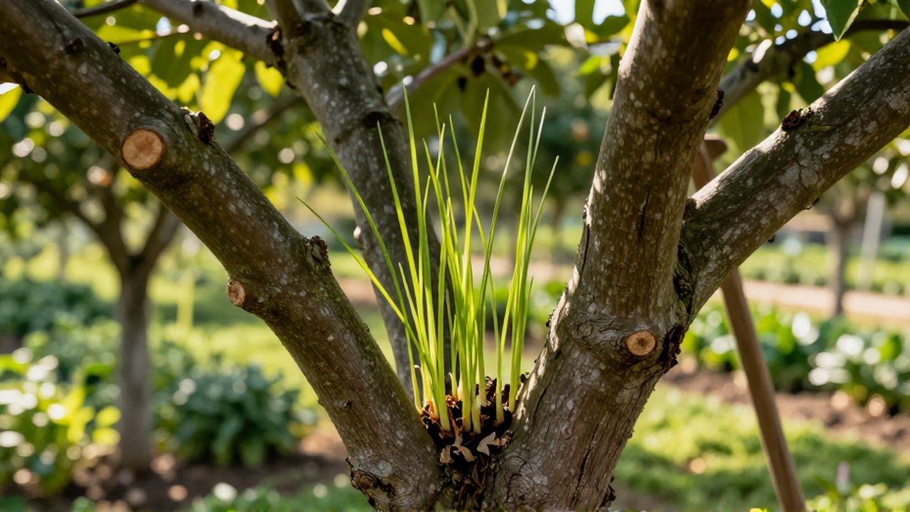 Brotes verdes y delgados crecen rápidamente desde la corteza de un árbol frutal bajo la luz del sol.