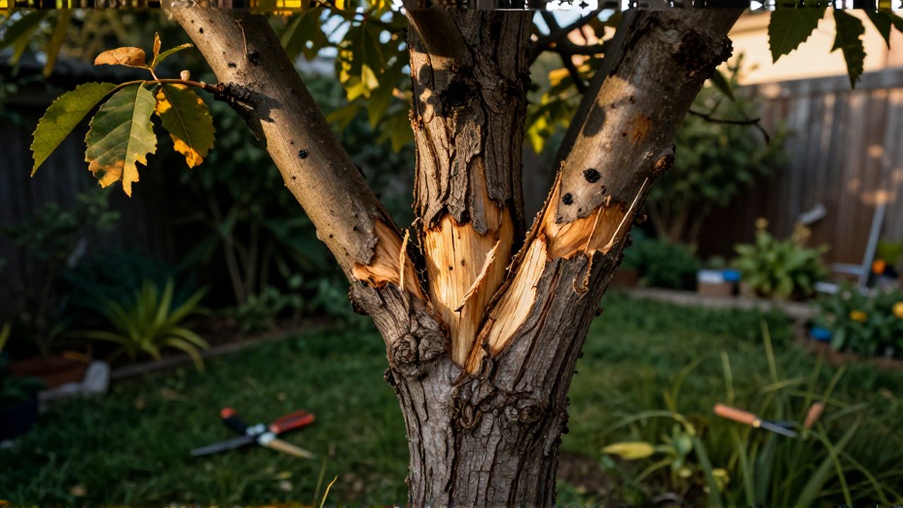 Primer plano de un tronco de árbol con cortes de poda recientes y signos de enfermedad.