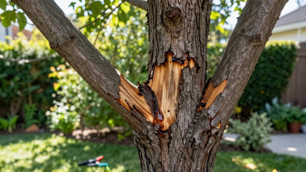 Tronco de árbol con heridas de poda y savia brotando en un jardín soleado.