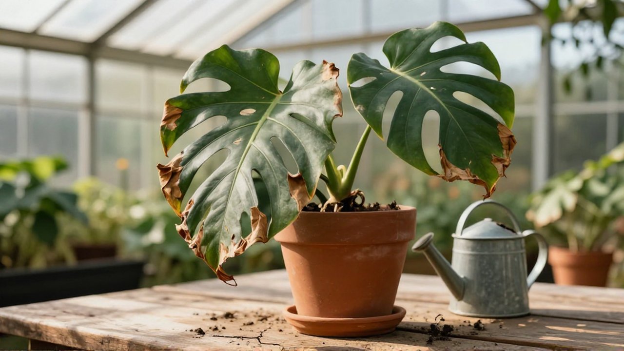 Planta Monstera deliciosa marchita con hojas secas en una maceta de terracota sobre una mesa de madera.