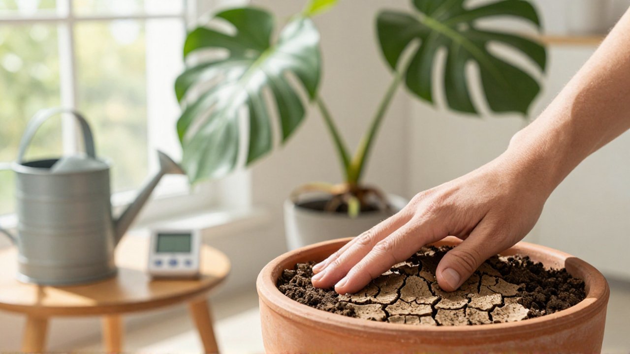 Una mano presiona la tierra seca de una maceta de terracota para revisar la humedad de una Monstera.
