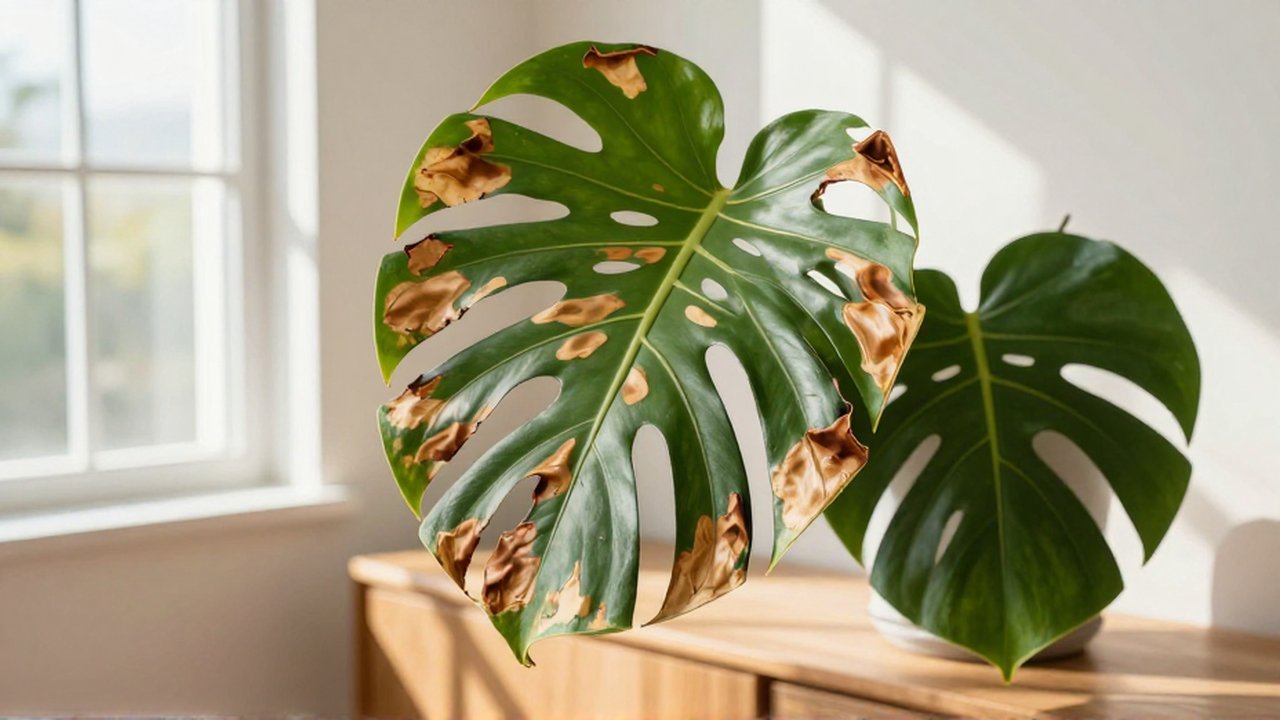 Primer plano de hojas de Monstera con manchas marrones y secas por quemaduras solares.