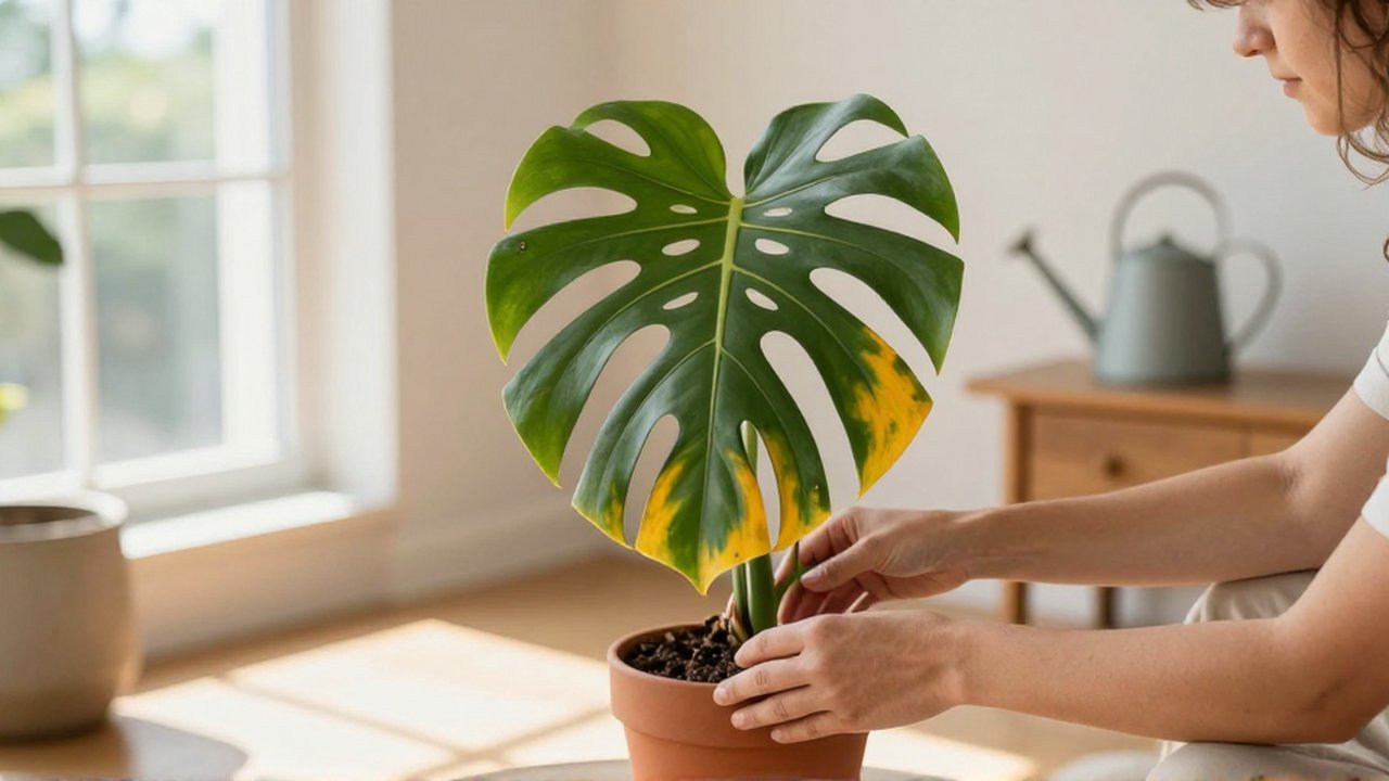 Unas manos mueven una planta Monstera con hojas quemadas hacia una zona sombreada de una sala luminosa.
