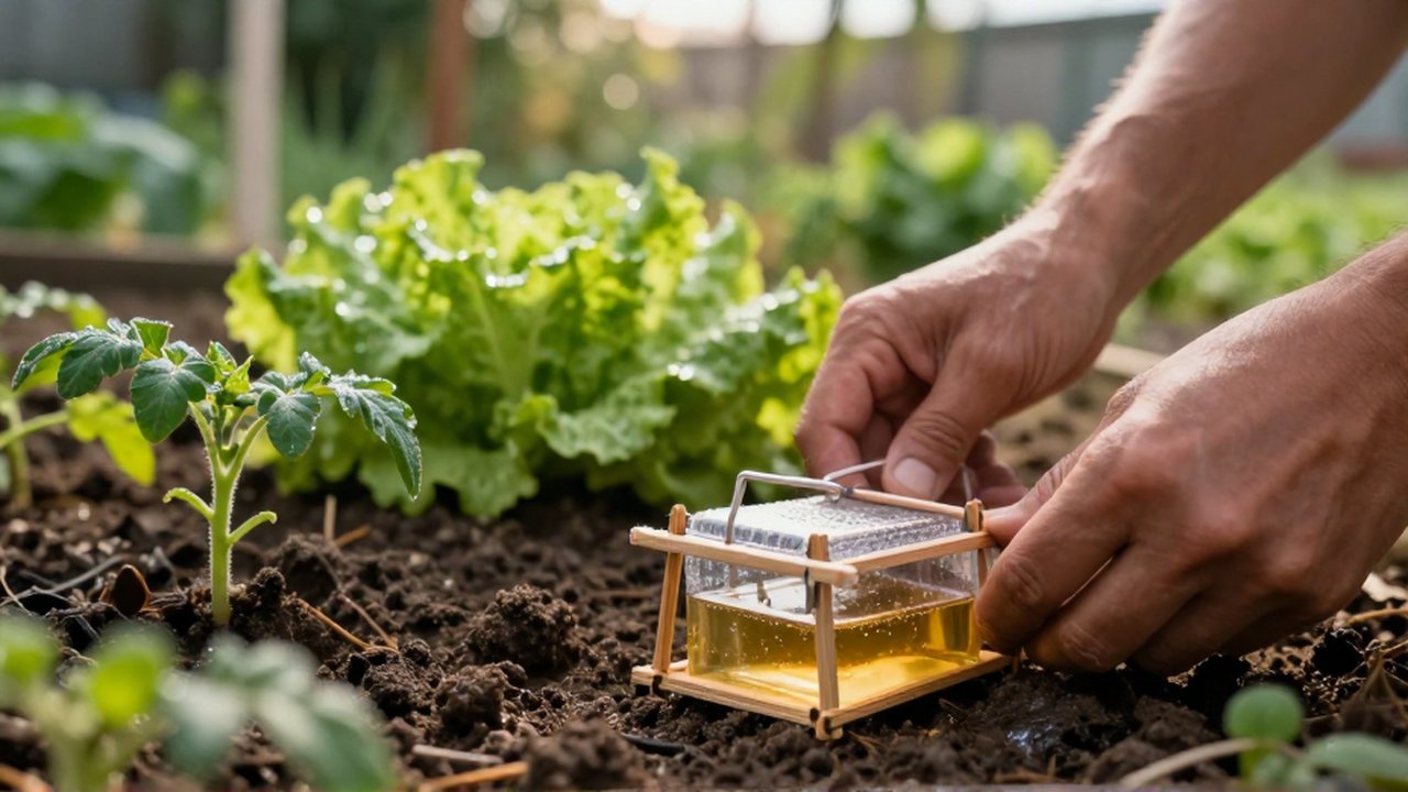 Manos colocando una trampa casera con cerveza en el suelo de un huerto con plantas verdes.